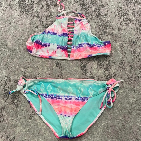 Catalina Women's Pink Blue Halter Bikini Swimsuit Set Tie Dye Full Coverage Sz M - Picture 1 of 5